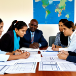 A diverse group of aid workers and local community representatives in modest, professional attire, gathered around a large table laden with complex documents and organizational charts. The setting is a bright, functional aid coordination office, implying intricate logistical challenges. fully clothed, appropriate attire, safe for work, perfect anatomy, correct proportions, natural pose, well-formed hands, proper finger count, natural body proportions, professional photography, high quality, family-friendly, appropriate content.