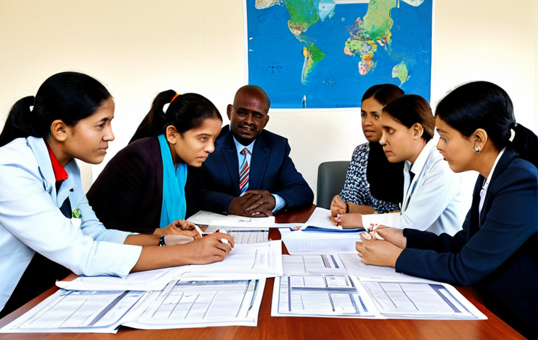 A diverse group of aid workers and local community representatives in modest, professional attire, gathered around a large table laden with complex documents and organizational charts. The setting is a bright, functional aid coordination office, implying intricate logistical challenges. fully clothed, appropriate attire, safe for work, perfect anatomy, correct proportions, natural pose, well-formed hands, proper finger count, natural body proportions, professional photography, high quality, family-friendly, appropriate content.