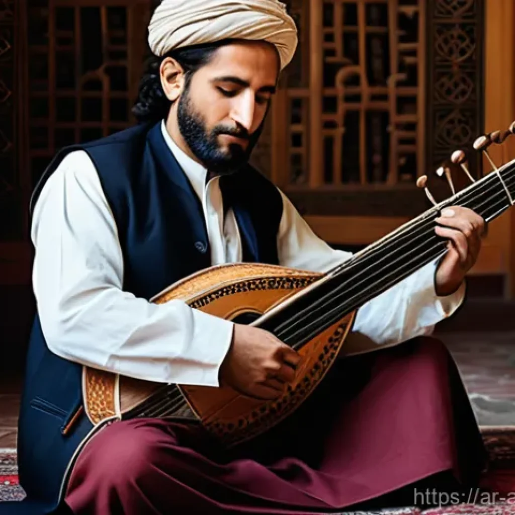 아프간 전통 음악 악기 - A captivating image of a highly skilled Afghan male musician in his 40s to 50s, dressed in elegant t...