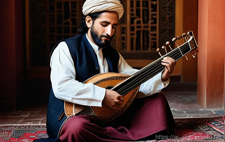 아프간 전통 음악 악기 - A captivating image of a highly skilled Afghan male musician in his 40s to 50s, dressed in elegant t...