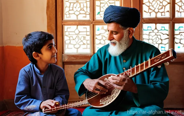 아프간 전통 음악 악기 - A vibrant and joyful scene of a small ensemble of Afghan musicians gathered in an open-air courtyard...