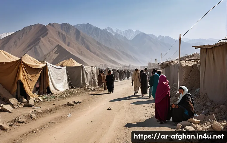 아프가니스탄 테러 사건 타임라인 - A detailed scene depicting an Afghan local community coping with the aftermath of a militant attack:...