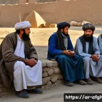 탈레반 재집권 과정 - A detailed scene depicting a rural Afghan village under the new Taliban rule, showing men and women ...