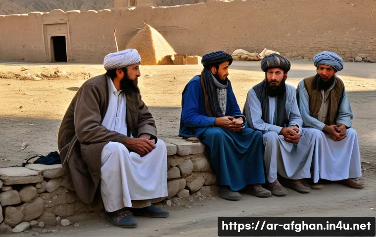 탈레반 재집권 과정 - A detailed scene depicting a rural Afghan village under the new Taliban rule, showing men and women ...