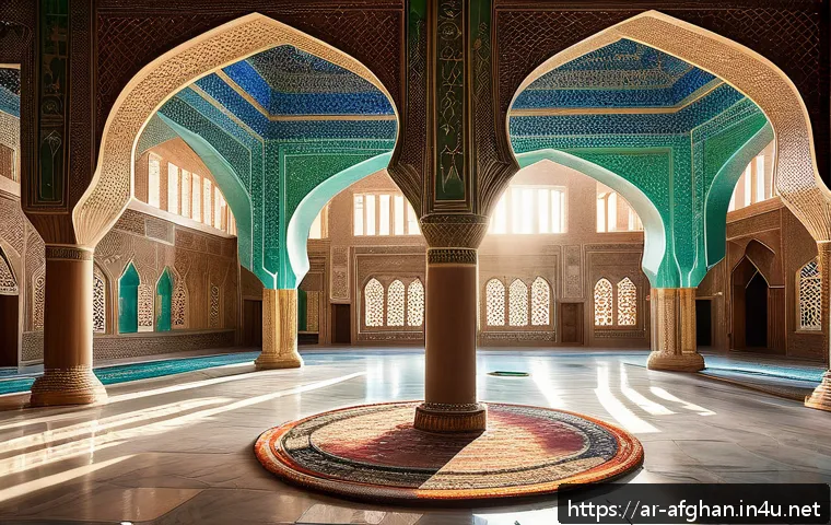 아프간 고대 건축 양식 - An intricately decorated Afghan mosque interior featuring large prayer halls with geometric patterns...