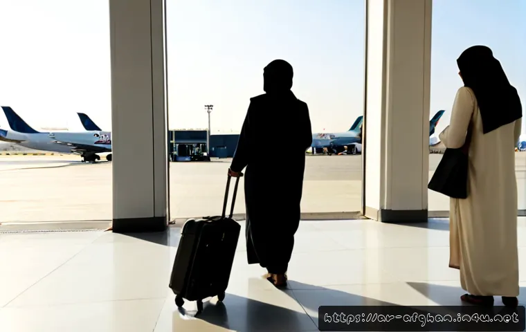 아프가니스탄 가는 방법 - Photorealistic airport departure scene for travel to Afghanistan, an Arab family in modest contempor...