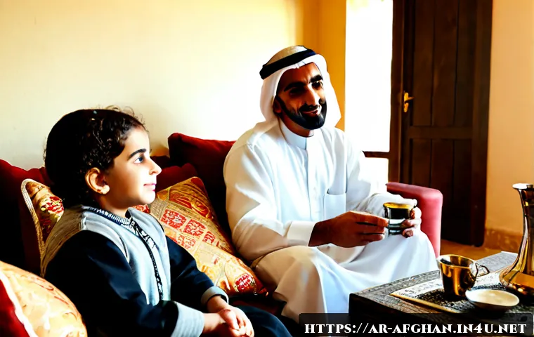 Home 17 민족 언어와 사용률 - Photorealistic documentary-style scene of three generations of an Arab family conversing warmly in a...